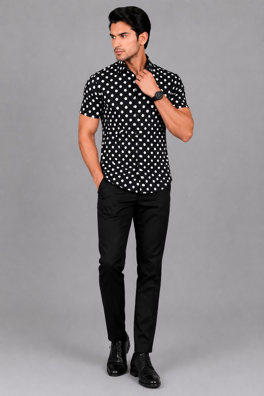 KURAJ Men's Black Polka Dot Printed Regular Fit Half Sleeve Casual Shirt
