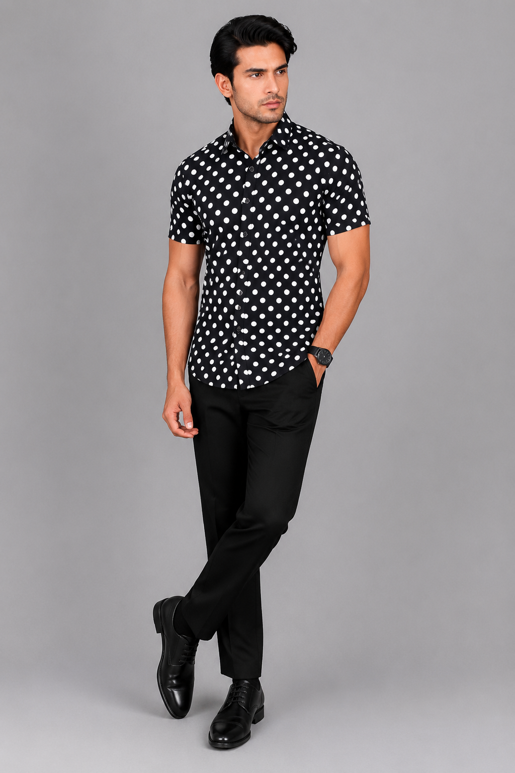 KURAJ Men's Black Polka Dot Printed Regular Fit Half Sleeve Casual Shirt