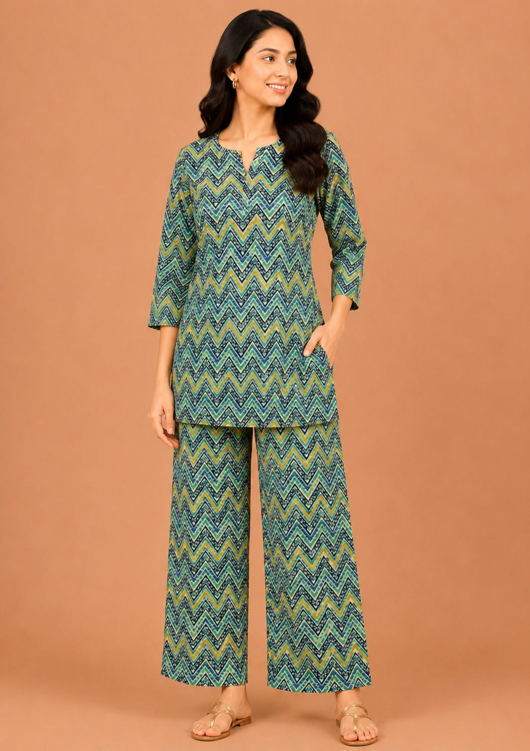 Kuraj Tunic Palazzos Co-ords Set - Vibrant Zigzag Geometric Print