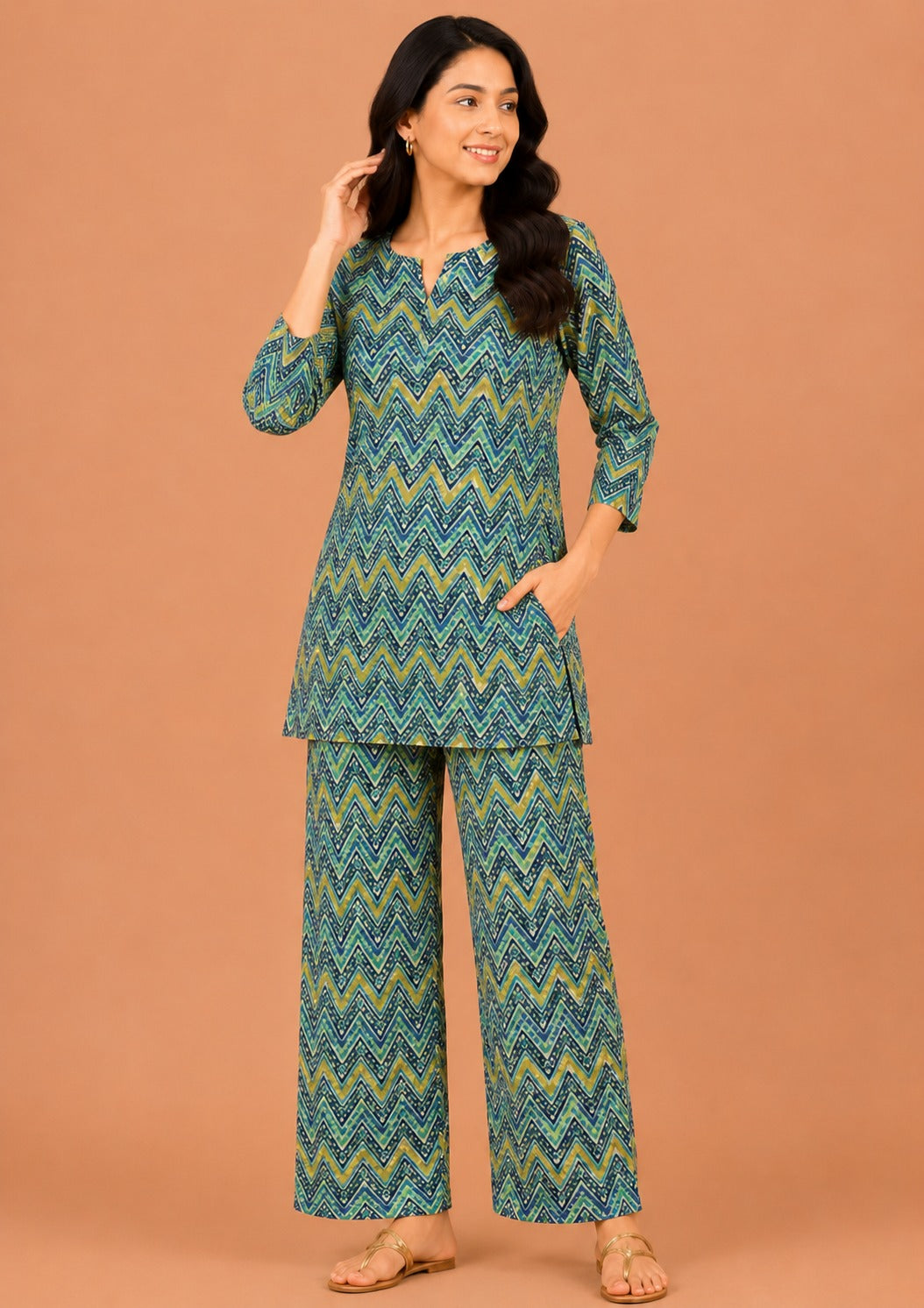 Kuraj Tunic Palazzos Co-ords Set - Vibrant Zigzag Geometric Print