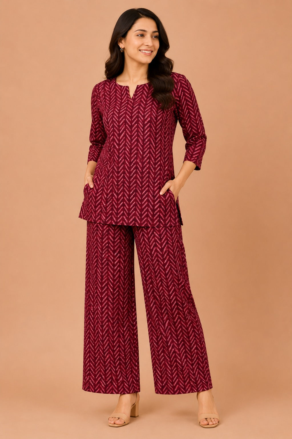 Kuraj Tunic Palazzos Co-ords Set - Herringbone-Inspired Print