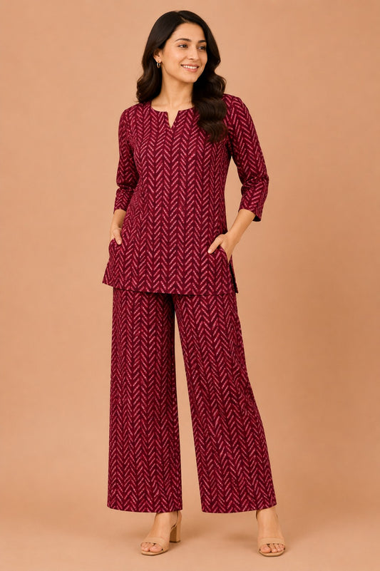 Kuraj Tunic Palazzos Co-ords Set - Herringbone-Inspired Print