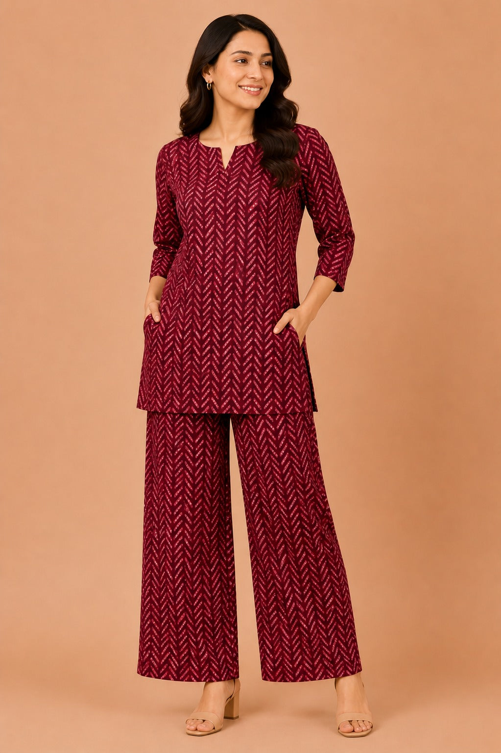 Kuraj Tunic Palazzos Co-ords Set - Herringbone-Inspired Print