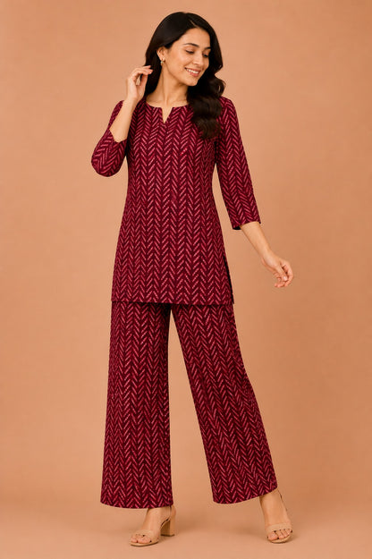 Kuraj Tunic Palazzos Co-ords Set - Herringbone-Inspired Print