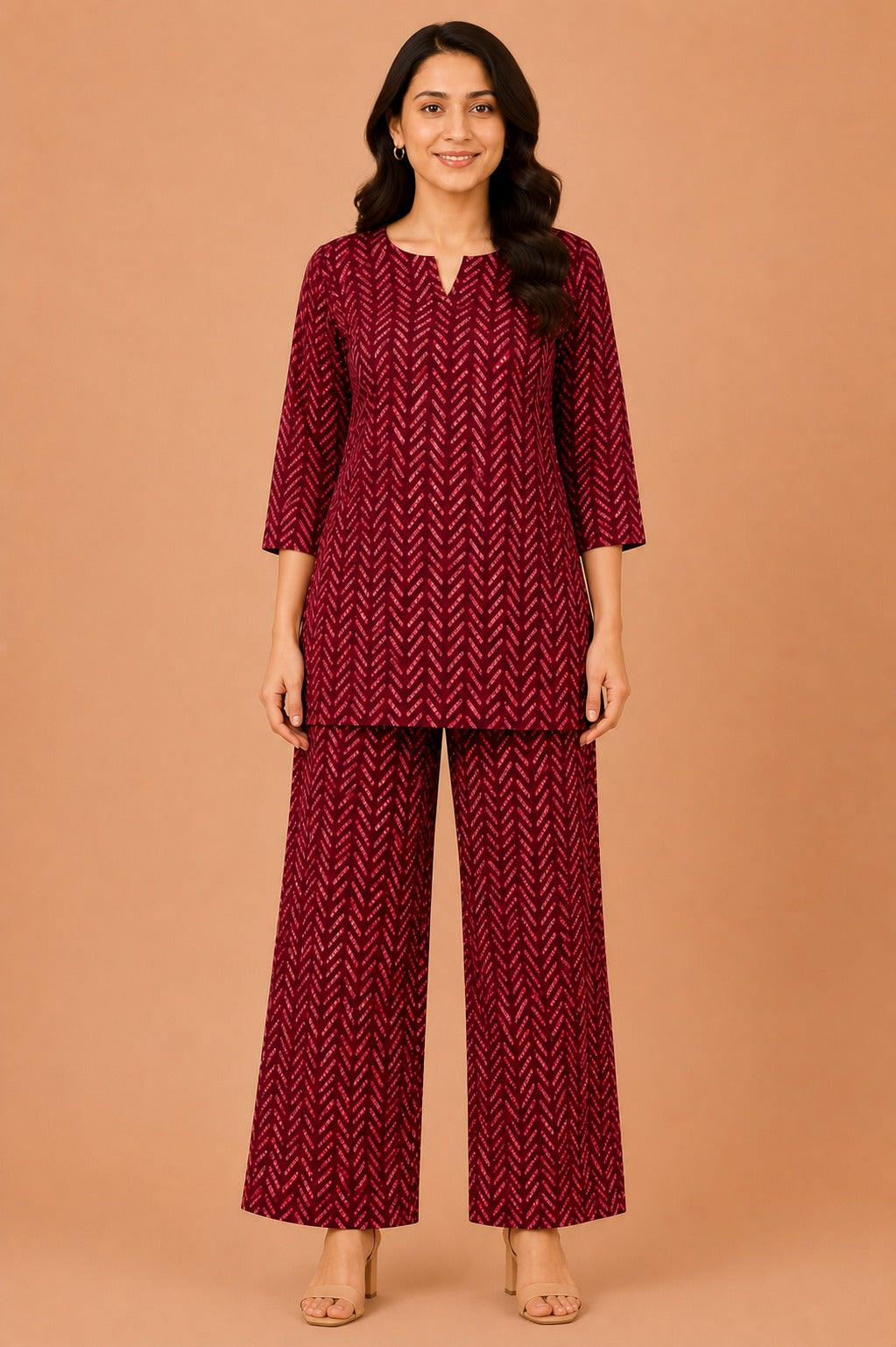 Kuraj Tunic Palazzos Co-ords Set - Herringbone-Inspired Print