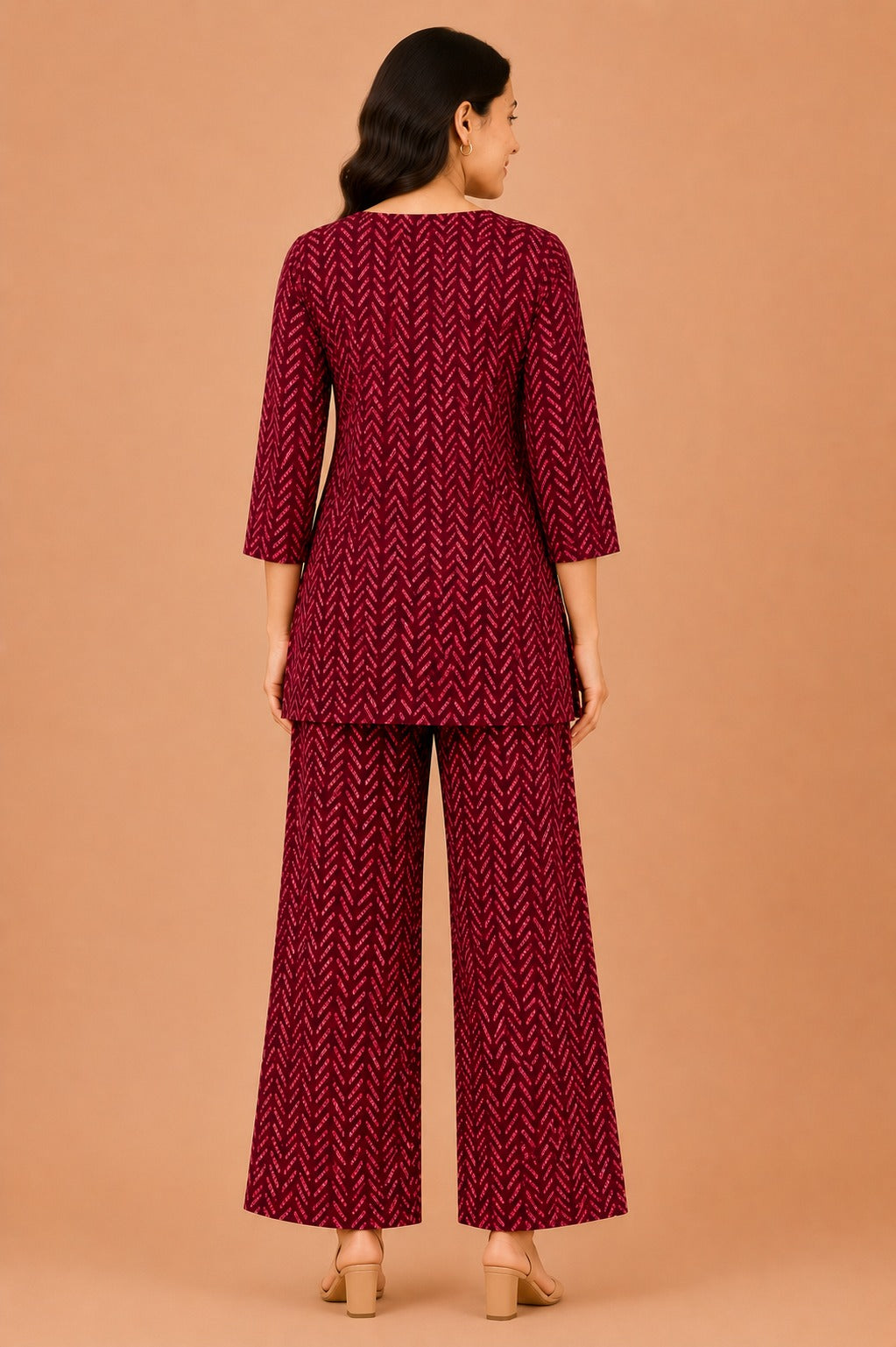 Kuraj Tunic Palazzos Co-ords Set - Herringbone-Inspired Print