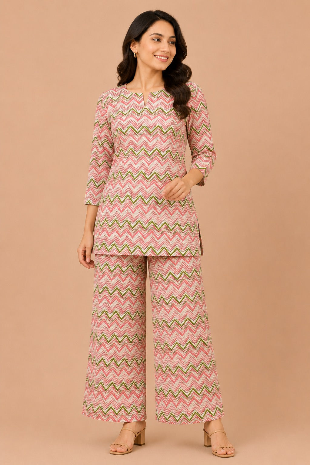 Kuraj Tunic Palazzos Co-ords Set - Zigzag Geometric Print