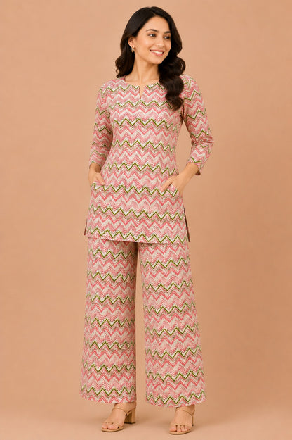 Kuraj Tunic Palazzos Co-ords Set - Zigzag Geometric Print