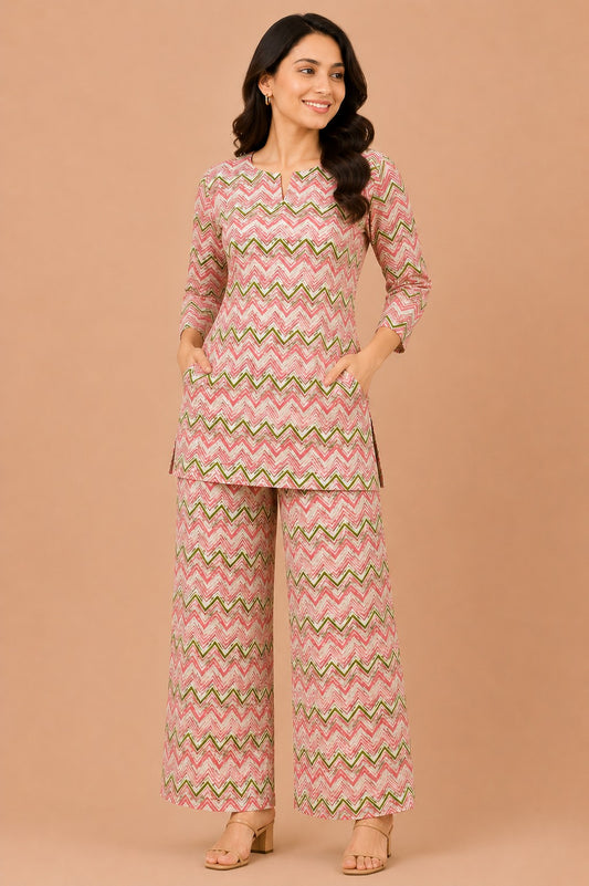 Kuraj Tunic Palazzos Co-ords Set - Zigzag Geometric Print