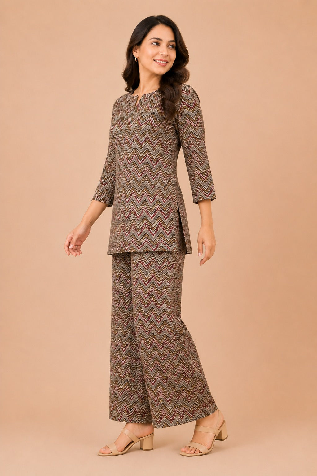 Kuraj Top Palazzos Co-ords Set - Zigzag Geometric Print