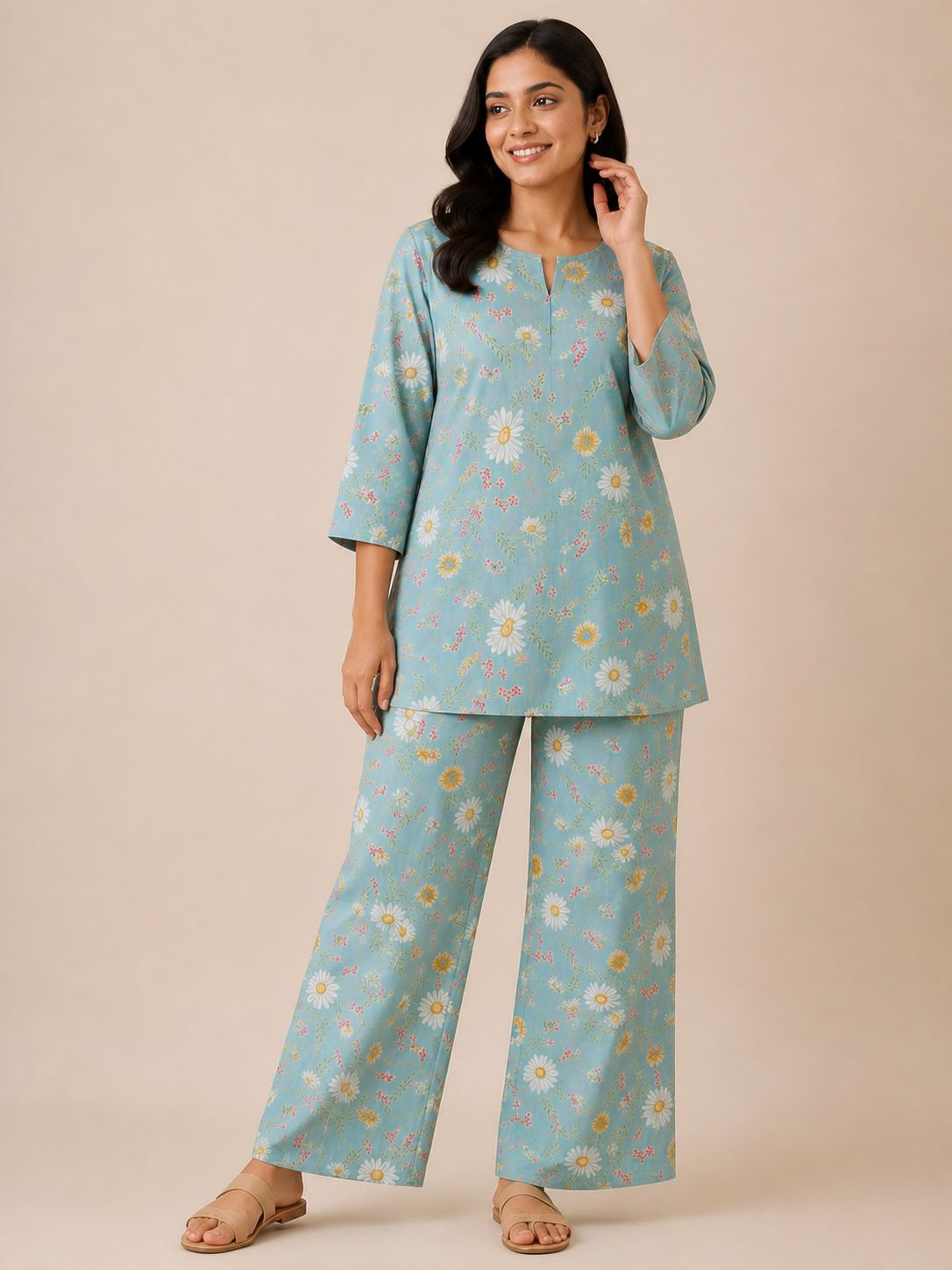 Kuraj Tunic Pant Co-ords Set - Soft Floral Daisy Print