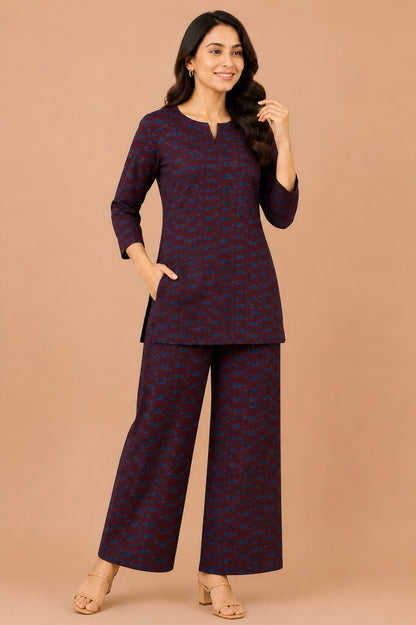 Kuraj Top Palazzos Co-ords Set - Rich Maroon