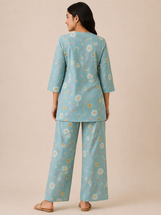Kuraj Tunic Pant Co-ords Set - Soft Floral Daisy Print