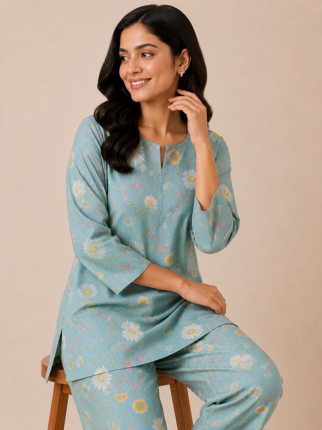 Kuraj Tunic Pant Co-ords Set - Soft Floral Daisy Print