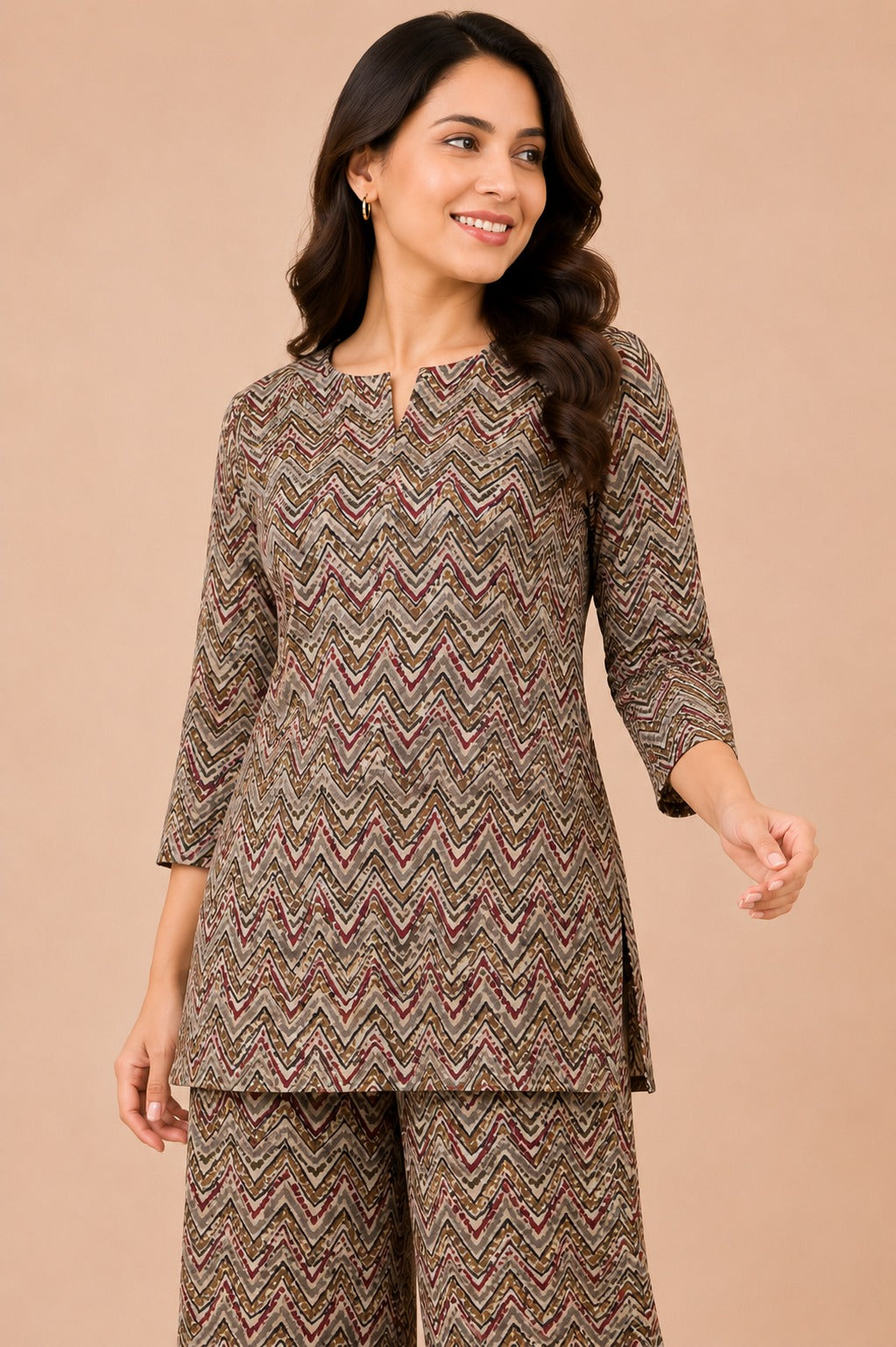 Kuraj Top Palazzos Co-ords Set - Zigzag Geometric Print
