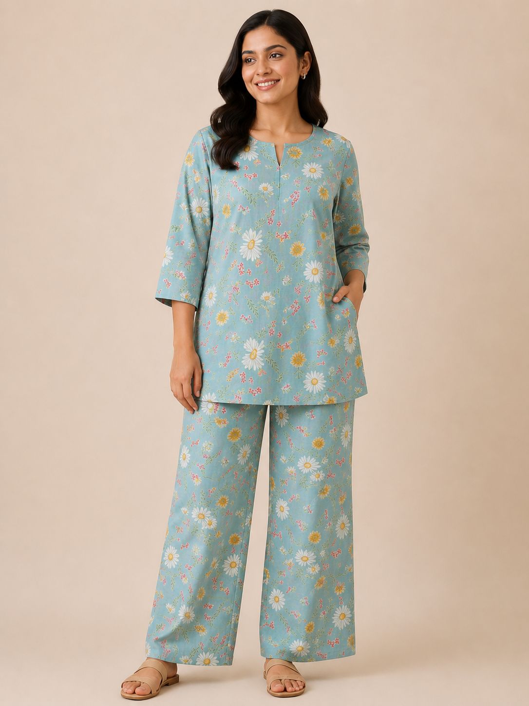 Kuraj Tunic Pant Co-ords Set - Soft Floral Daisy Print