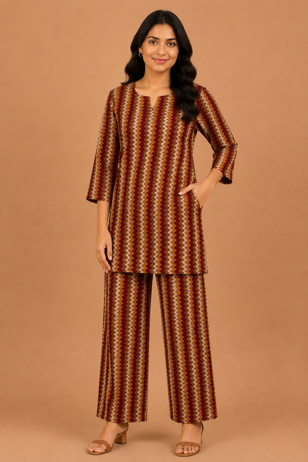 Kuraj Tunic Palazzos Co-ords Set - Vertical Zigzag Print