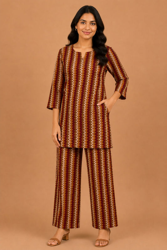 Kuraj Tunic Palazzos Co-ords Set - Vertical Zigzag Print