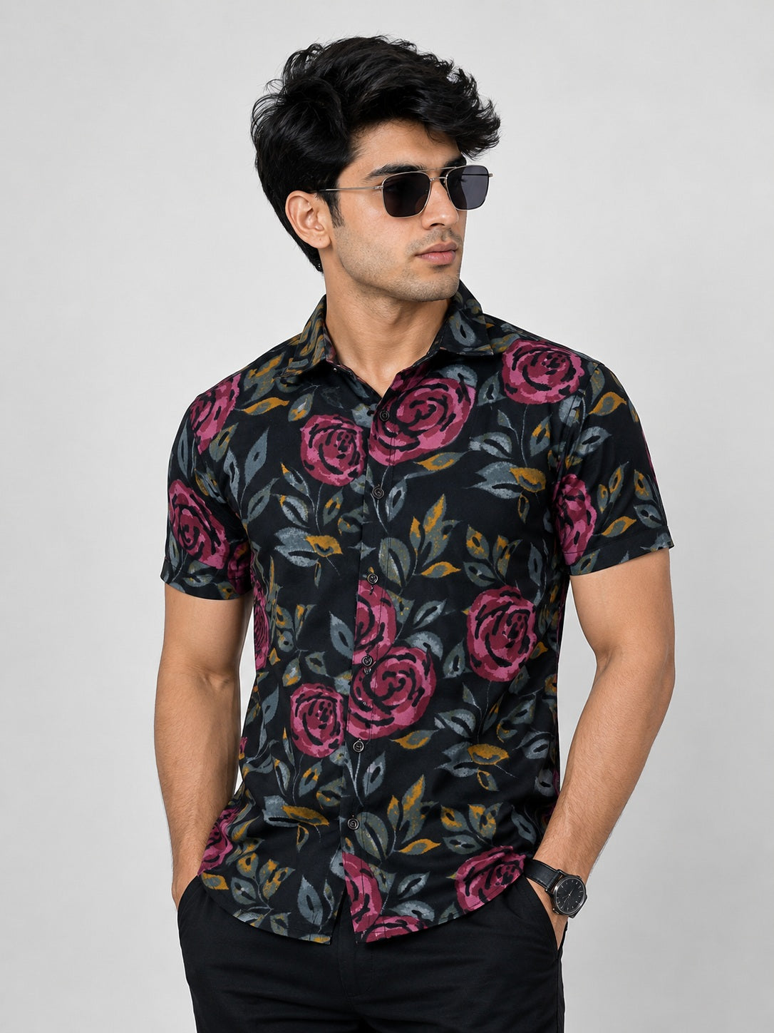 KURAJ Men's Black Floral Print Half Sleeve Cotton Casual Shirt