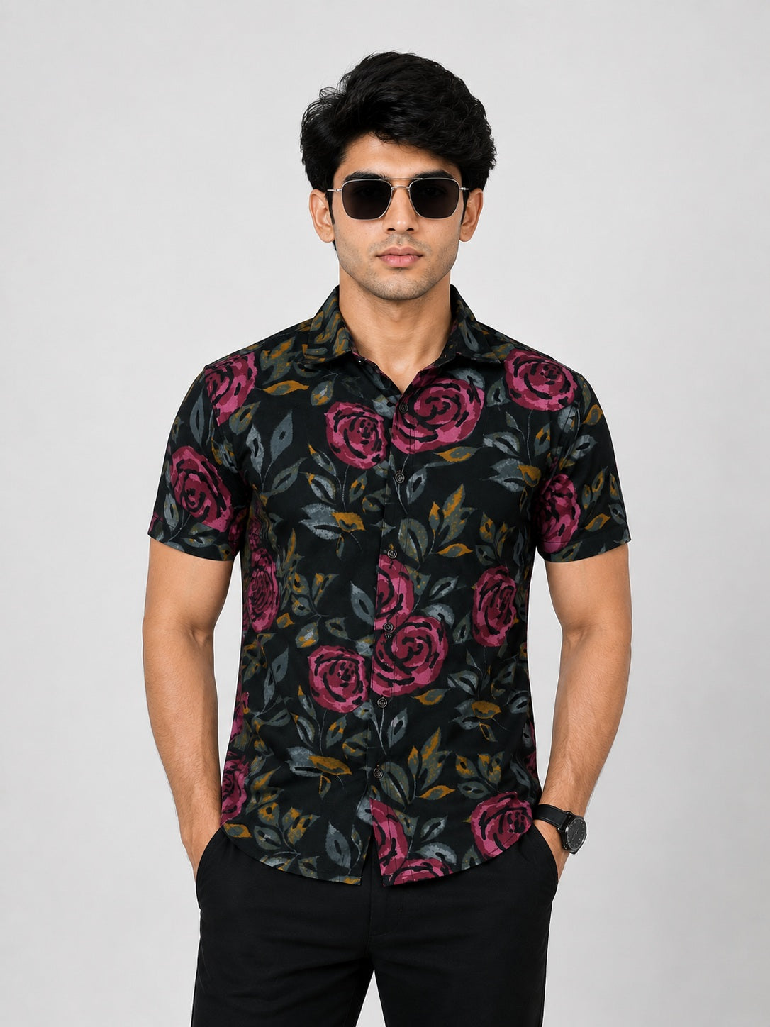 KURAJ Men's Black Floral Print Half Sleeve Cotton Casual Shirt
