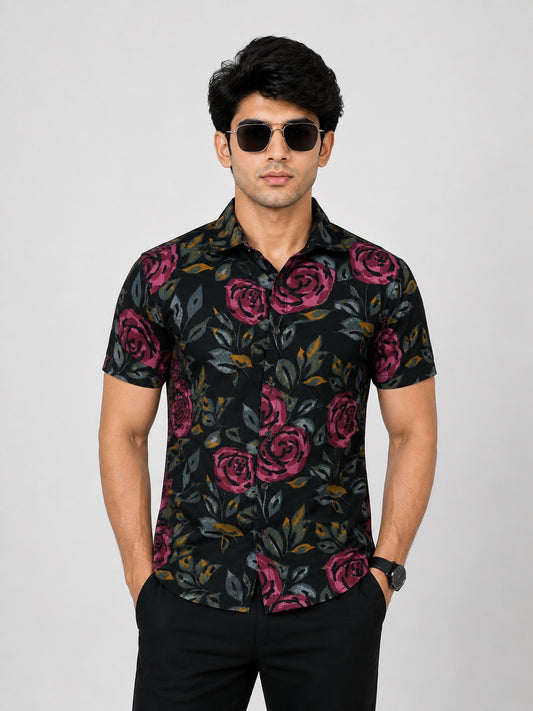 KURAJ Men's Black Floral Print Half Sleeve Cotton Casual Shirt
