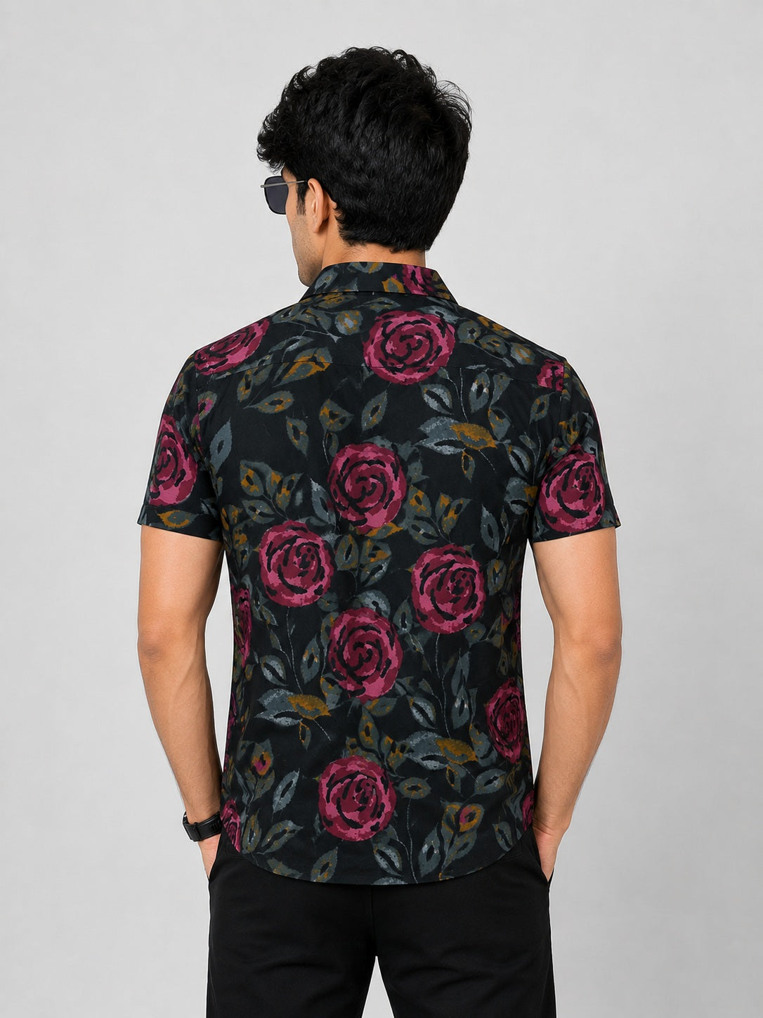 KURAJ Men's Black Floral Print Half Sleeve Cotton Casual Shirt