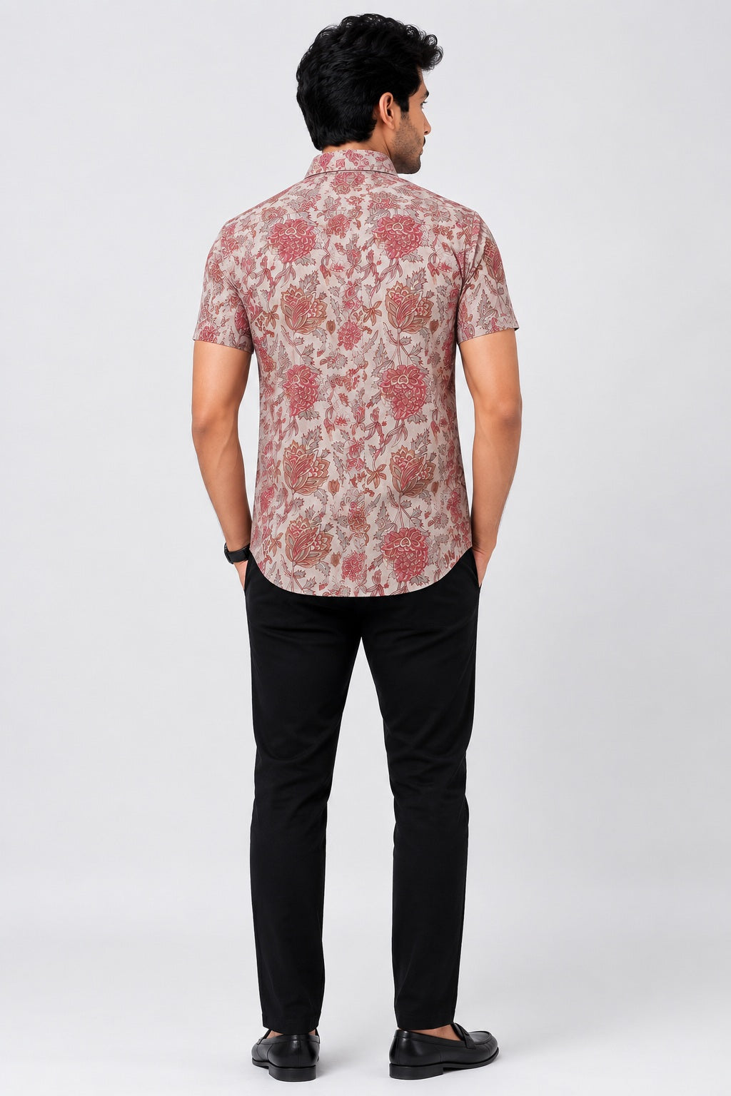 Men's Beige & Dusty Rose Floral Printed Premium Cotton Half Sleeve Casual Shirt
