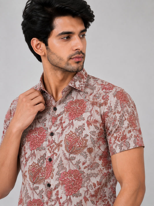 Men's Beige & Dusty Rose Floral Printed Premium Cotton Half Sleeve Casual Shirt
