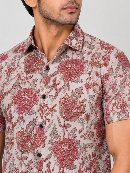 Men's Beige & Dusty Rose Floral Printed Premium Cotton Half Sleeve Casual Shirt