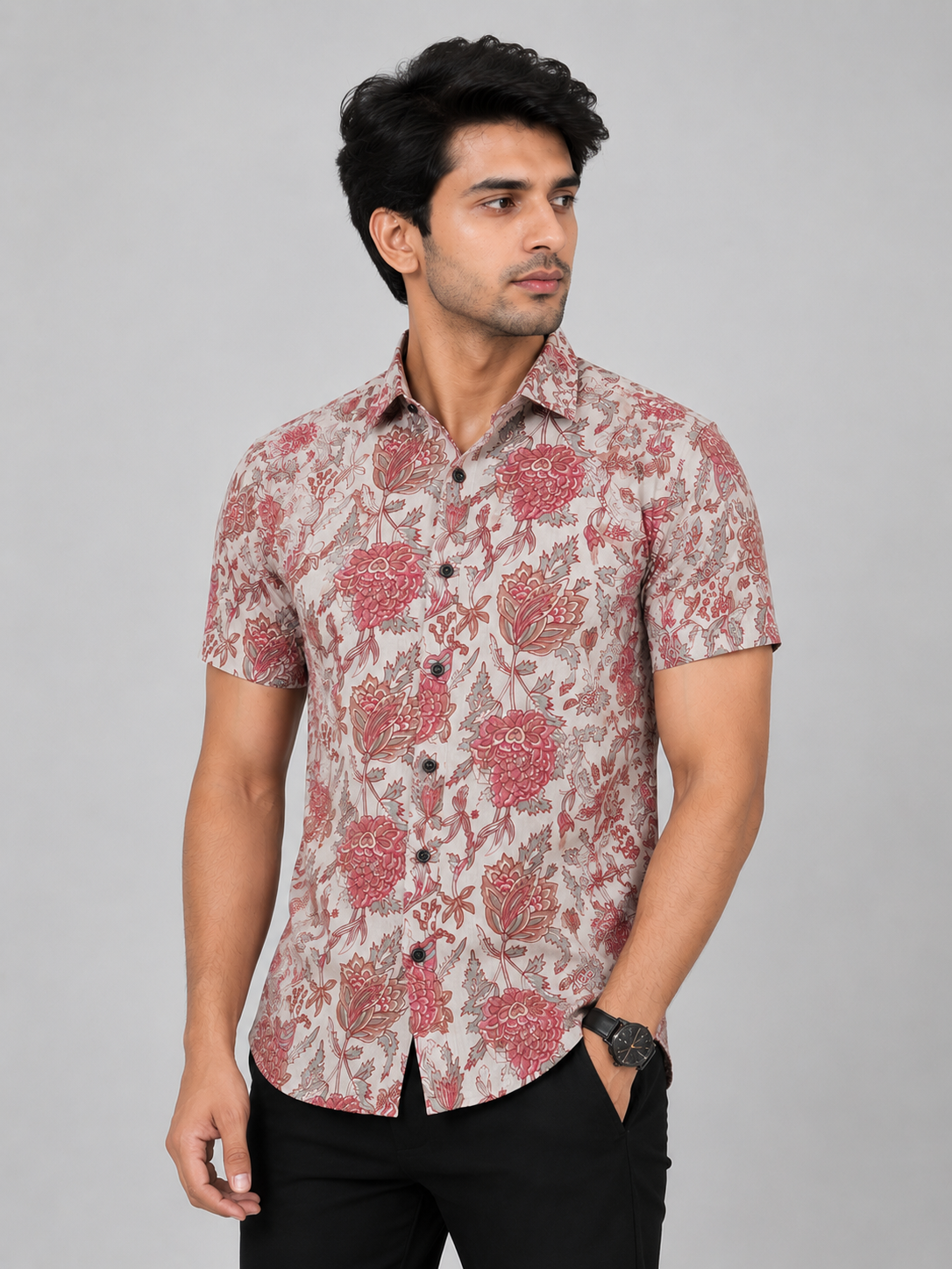 Men's Beige & Dusty Rose Floral Printed Premium Cotton Half Sleeve Casual Shirt