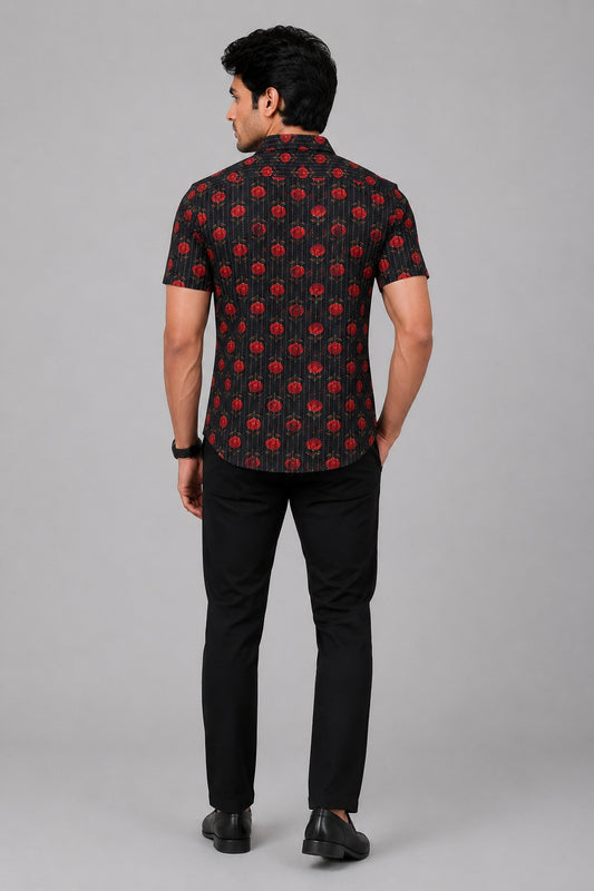 Men's Black & Red Floral Printed Premium Cotton Half Sleeve Casual Shirt