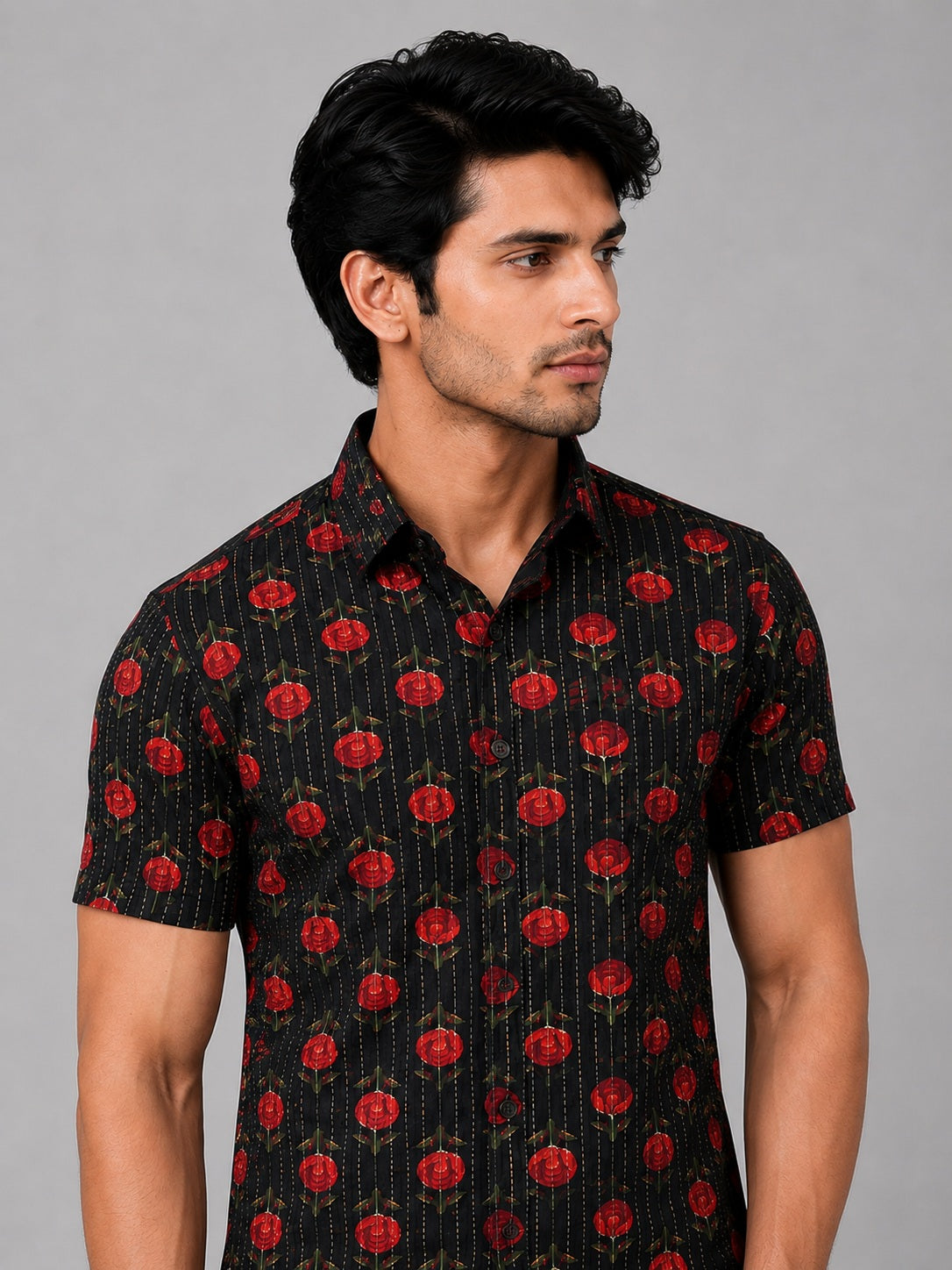 Men's Black & Red Floral Printed Premium Cotton Half Sleeve Casual Shirt