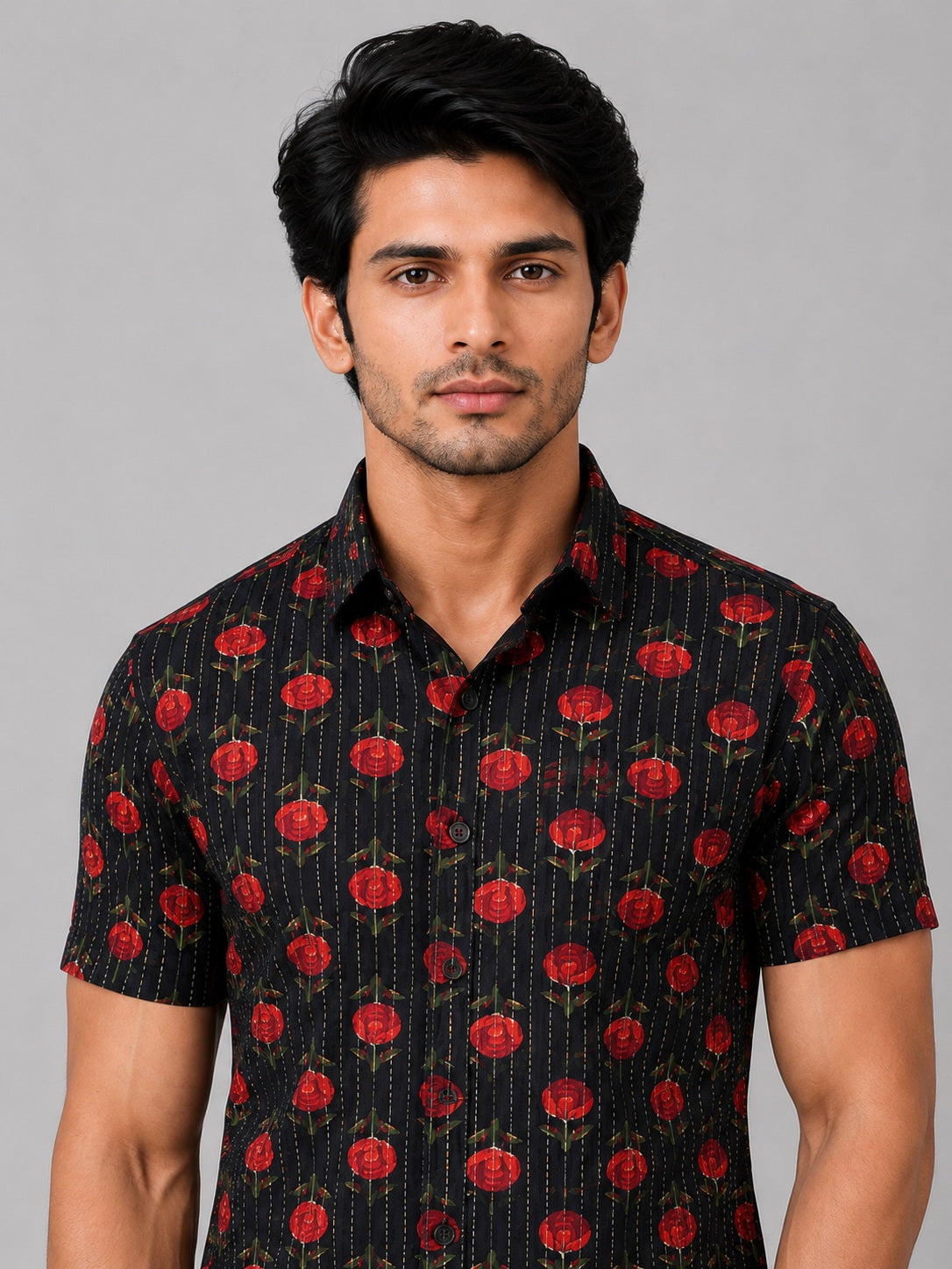 Men's Black & Red Floral Printed Premium Cotton Half Sleeve Casual Shirt