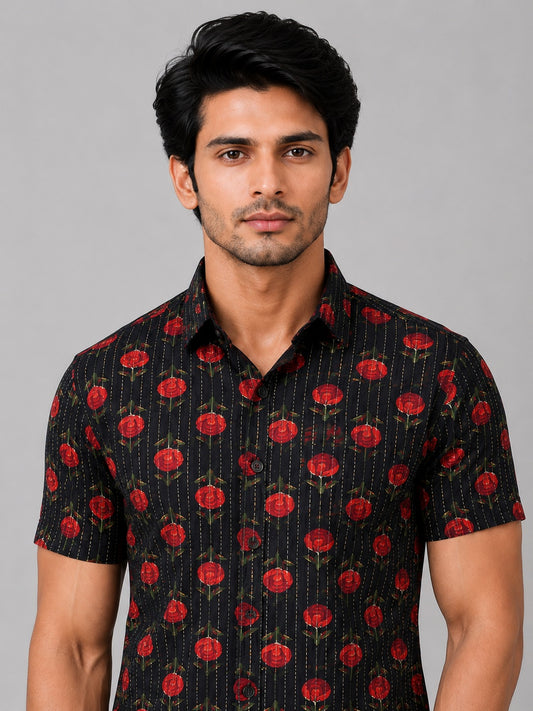 Men's Black & Red Floral Printed Premium Cotton Half Sleeve Casual Shirt