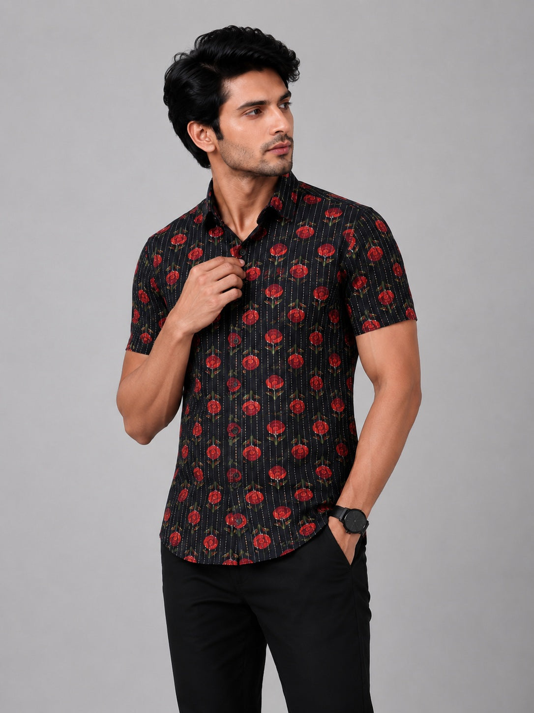 Men's Black & Red Floral Printed Premium Cotton Half Sleeve Casual Shirt