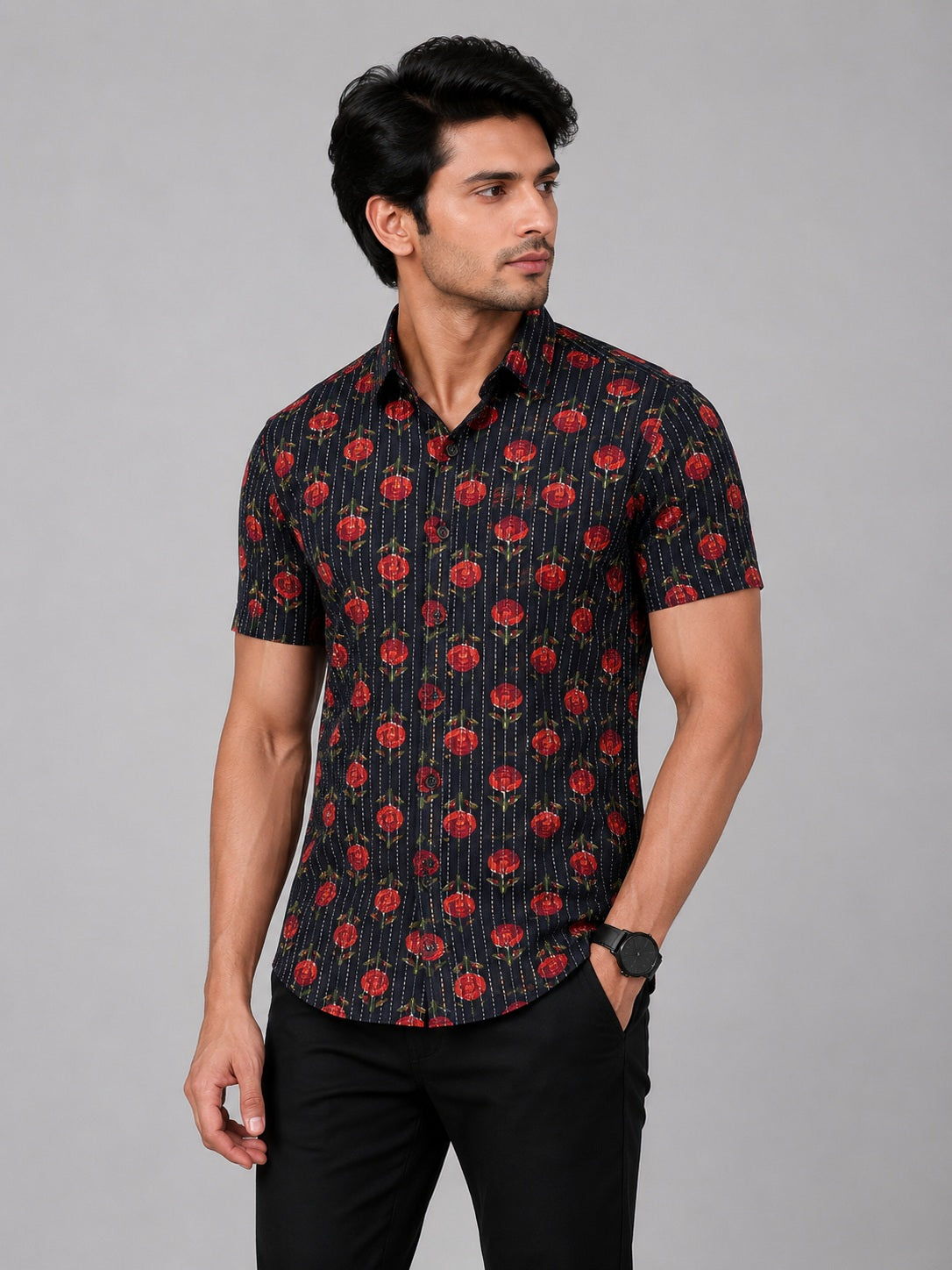 Men's Black & Red Floral Printed Premium Cotton Half Sleeve Casual Shirt