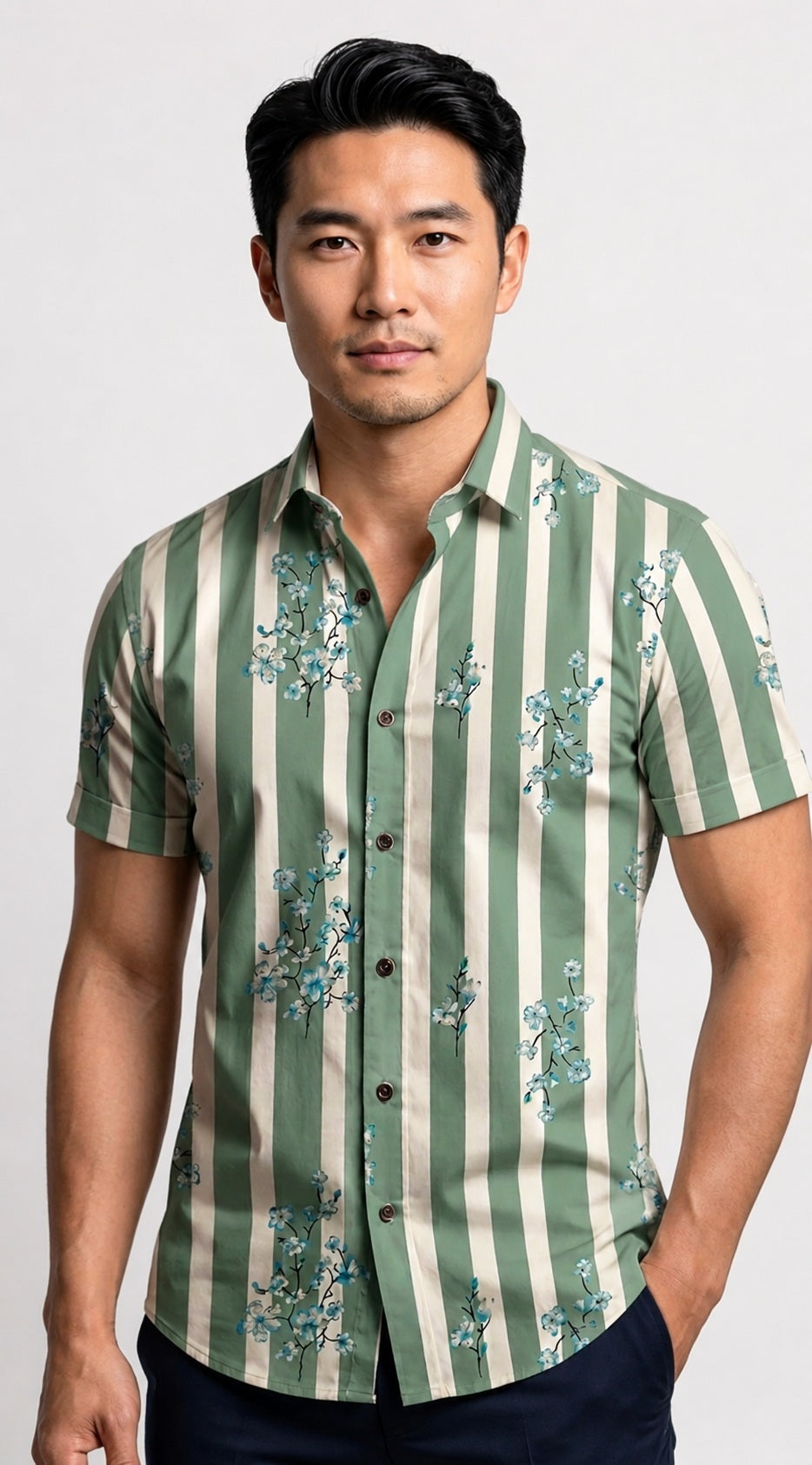 Men's Sage Green & White Striped Floral Printed Premium Cotton Half Sleeve Casual Shirt