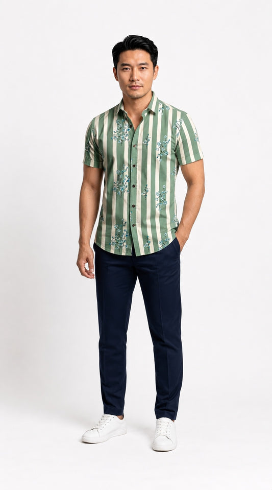 Men's Sage Green & White Striped Floral Printed Premium Cotton Half Sleeve Casual Shirt