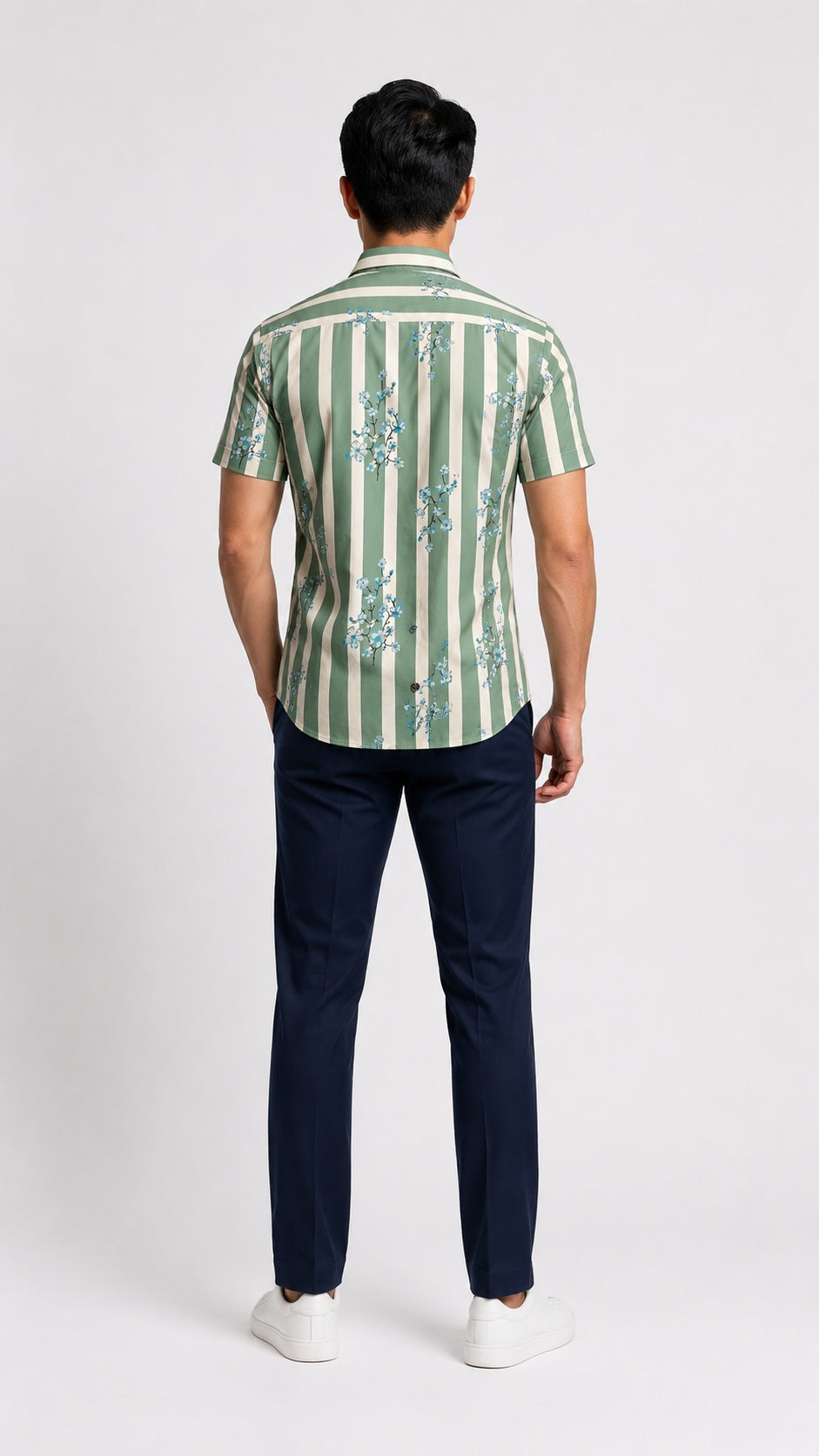 Men's Sage Green & White Striped Floral Printed Premium Cotton Half Sleeve Casual Shirt