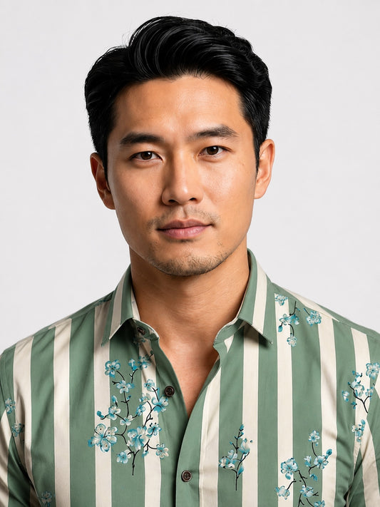 Men's Sage Green & White Striped Floral Printed Premium Cotton Half Sleeve Casual Shirt