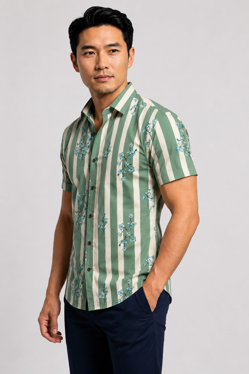 Men's Sage Green & White Striped Floral Printed Premium Cotton Half Sleeve Casual Shirt