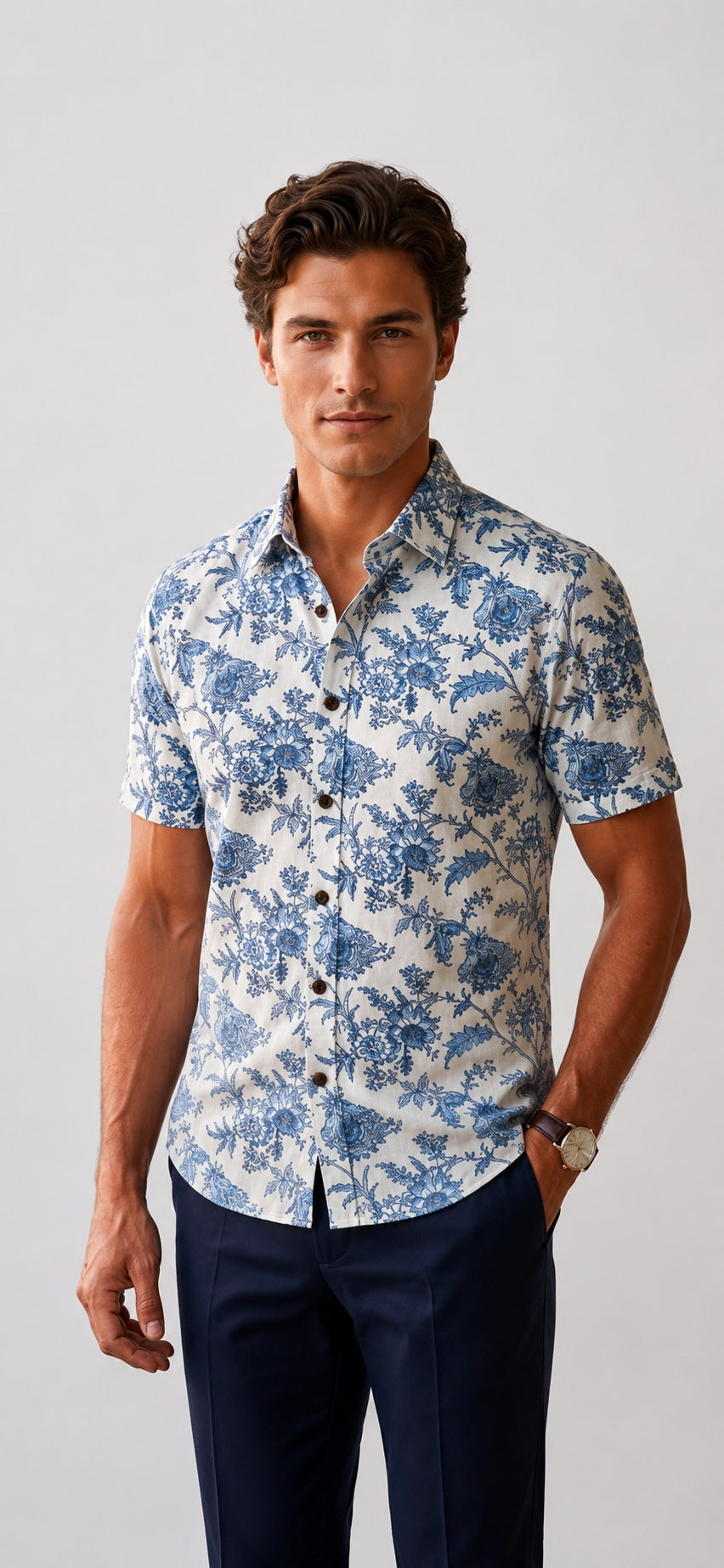 Men's White & Blue Floral Printed Premium Cotton Half Sleeve Casual Shirt