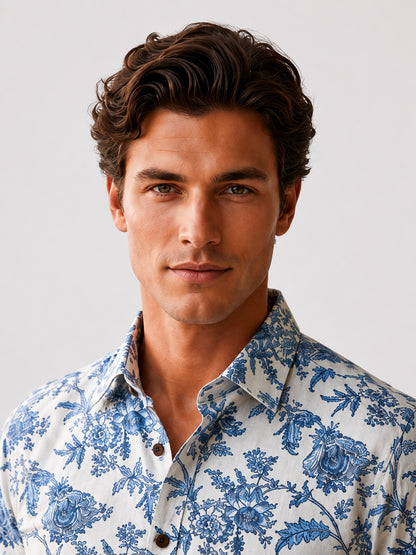 Men's White & Blue Floral Printed Premium Cotton Half Sleeve Casual Shirt