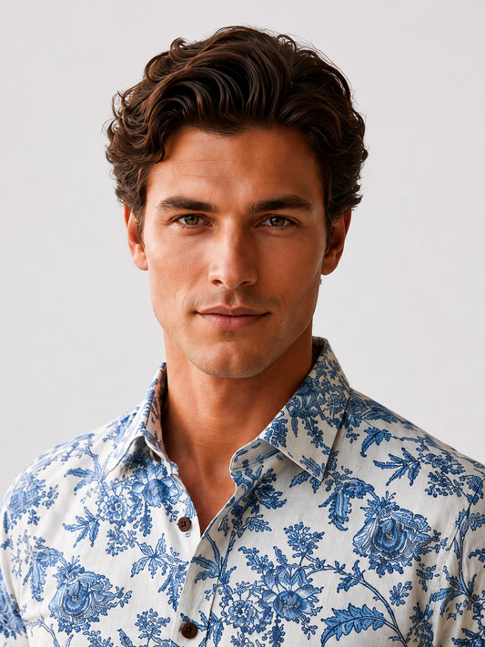 Men's White & Blue Floral Printed Premium Cotton Half Sleeve Casual Shirt