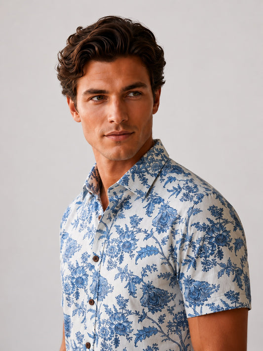Men's White & Blue Floral Printed Premium Cotton Half Sleeve Casual Shirt