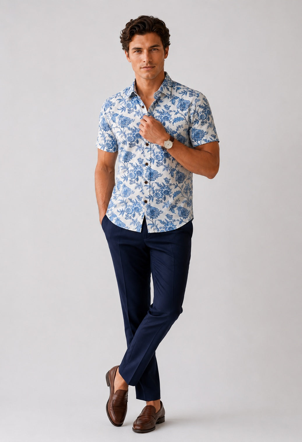 Men's White & Blue Floral Printed Premium Cotton Half Sleeve Casual Shirt