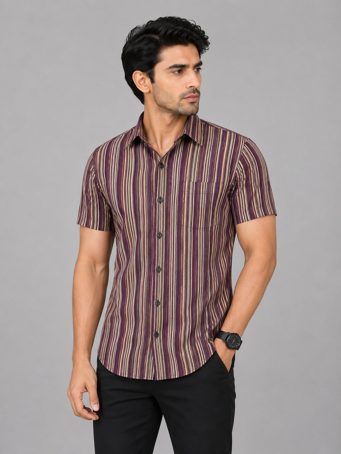 KURAJ Men's Maroon Vertical Striped Slim Fit Half Sleeve Casual Shirt