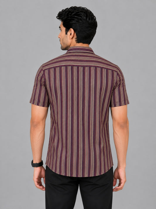 KURAJ Men's Maroon Vertical Striped Slim Fit Half Sleeve Casual Shirt