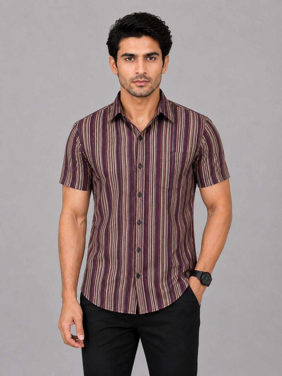 KURAJ Men's Maroon Vertical Striped Slim Fit Half Sleeve Casual Shirt