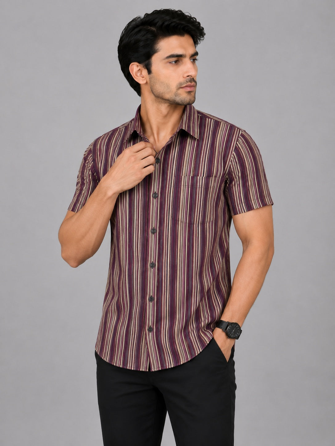 KURAJ Men's Maroon Vertical Striped Slim Fit Half Sleeve Casual Shirt